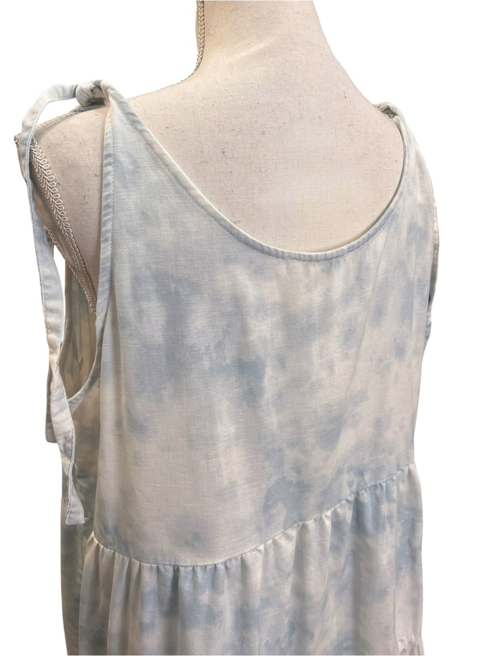 Beach Lunch Lounge Blue Tie Dye Linen Blend Tiered Midi Dress XL Adjustable - Picture 6 of 11